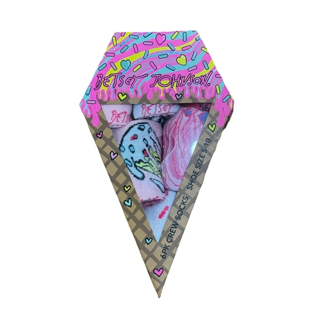 Betsey Johnson 6 PK Crew Socks Size 5-10 Ice Cream Cone Gift Set Novelty NWT‎